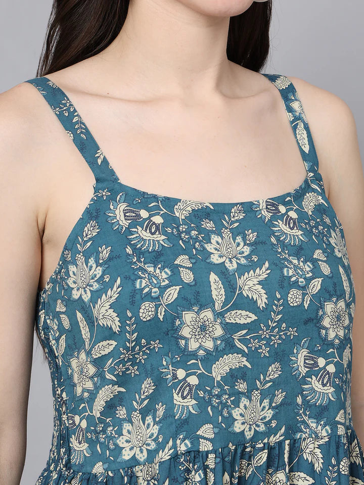 Women’s Cotton Flared Dress – Floral Print with Shoulder Straps