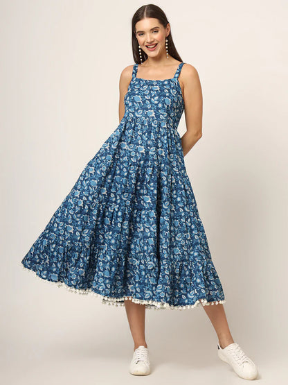 Sky Blue Cotton Fit & Flare Dress – Printed Summer Midi