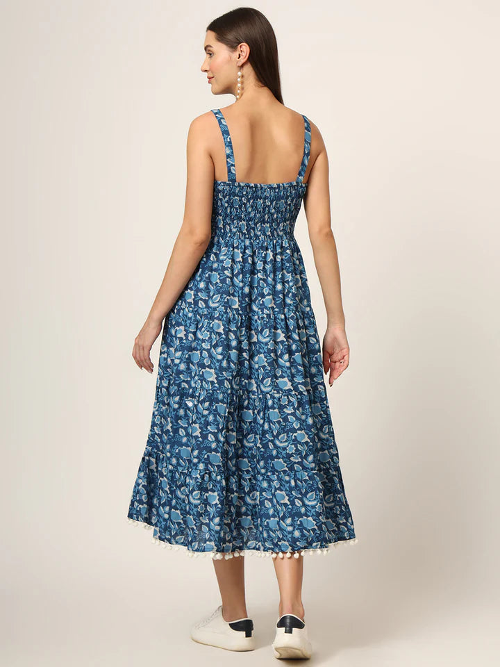 Sky Blue Cotton Fit & Flare Dress – Printed Summer Midi