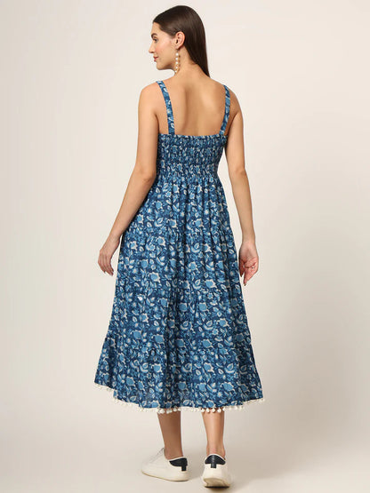 Sky Blue Cotton Fit & Flare Dress – Printed Summer Midi