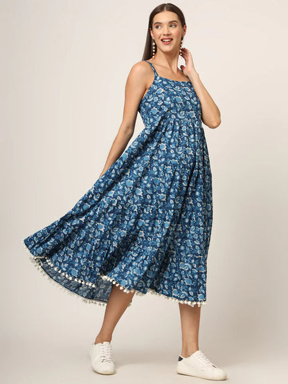 Sky Blue Cotton Fit & Flare Dress – Printed Summer Midi