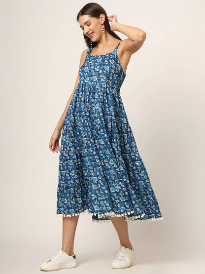 Sky Blue Cotton Fit & Flare Dress – Printed Summer Midi
