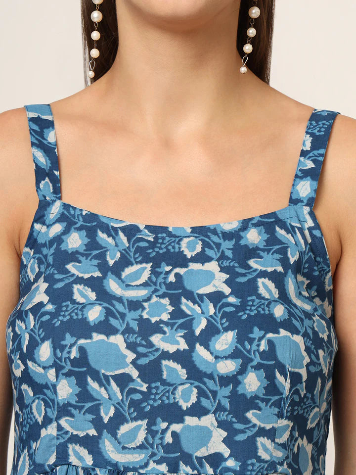 Sky Blue Cotton Fit & Flare Dress – Printed Summer Midi