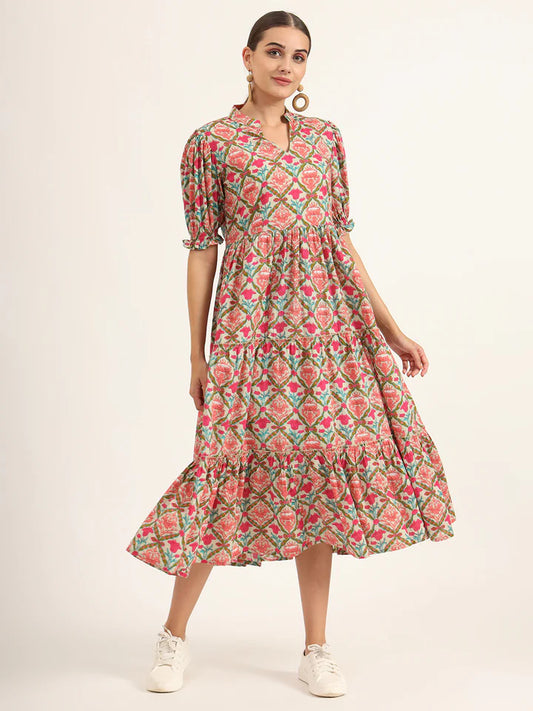 Multicolor Floral Print Cotton Midi Dress – Casual Summer Style