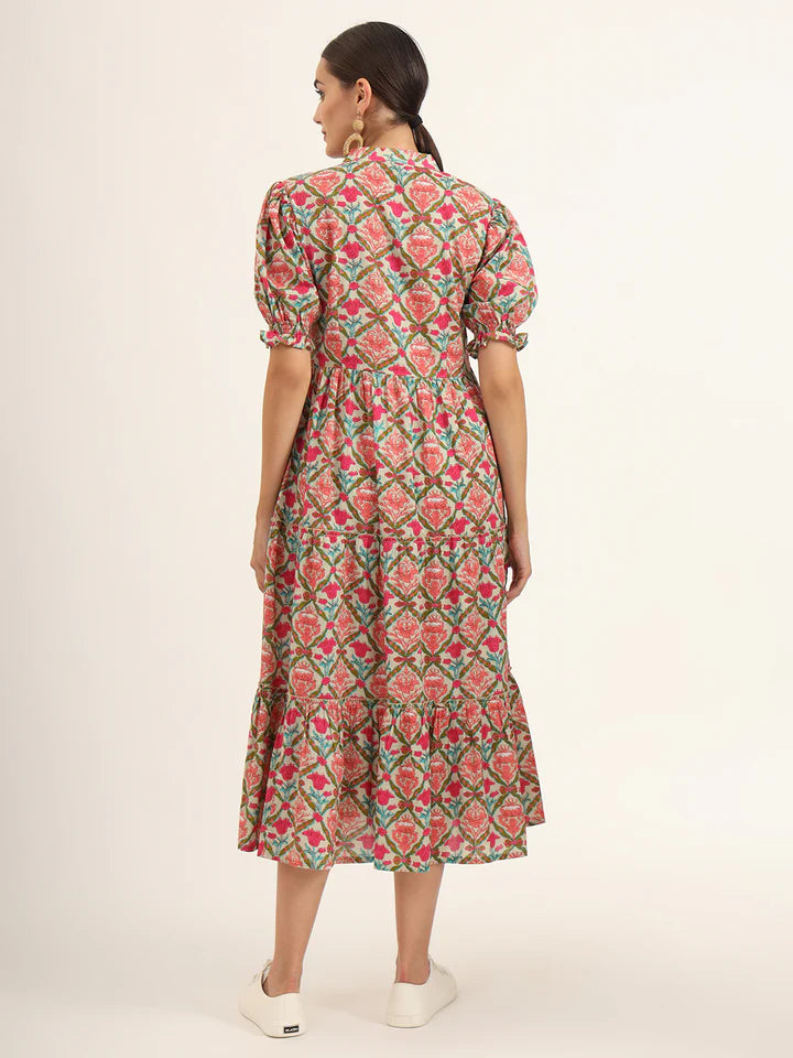 Multicolor Floral Print Cotton Midi Dress – Casual Summer Style