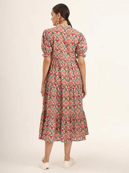 Multicolor Floral Print Cotton Midi Dress – Casual Summer Style