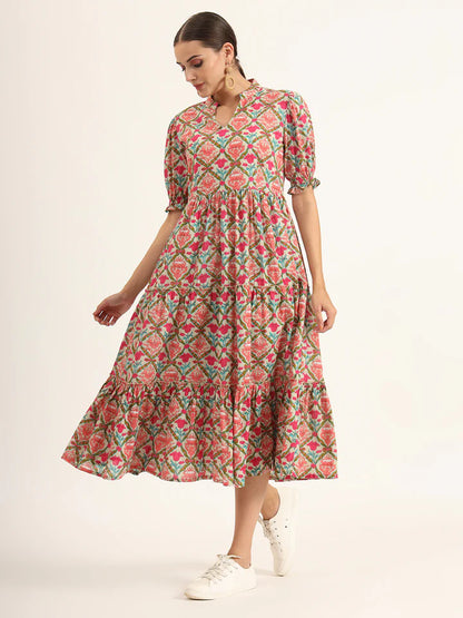 Multicolor Floral Print Cotton Midi Dress – Casual Summer Style