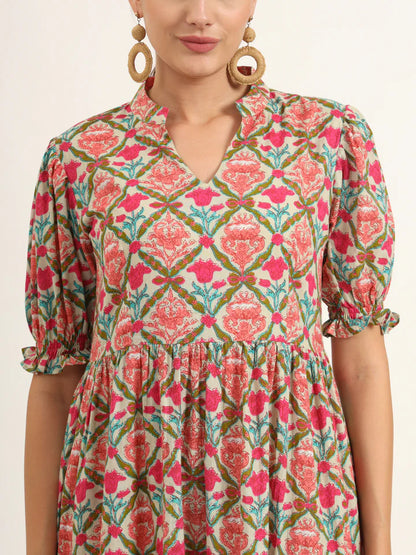 Multicolor Floral Print Cotton Midi Dress – Casual Summer Style