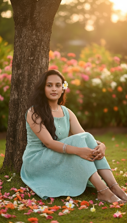 Woman green checkered dress