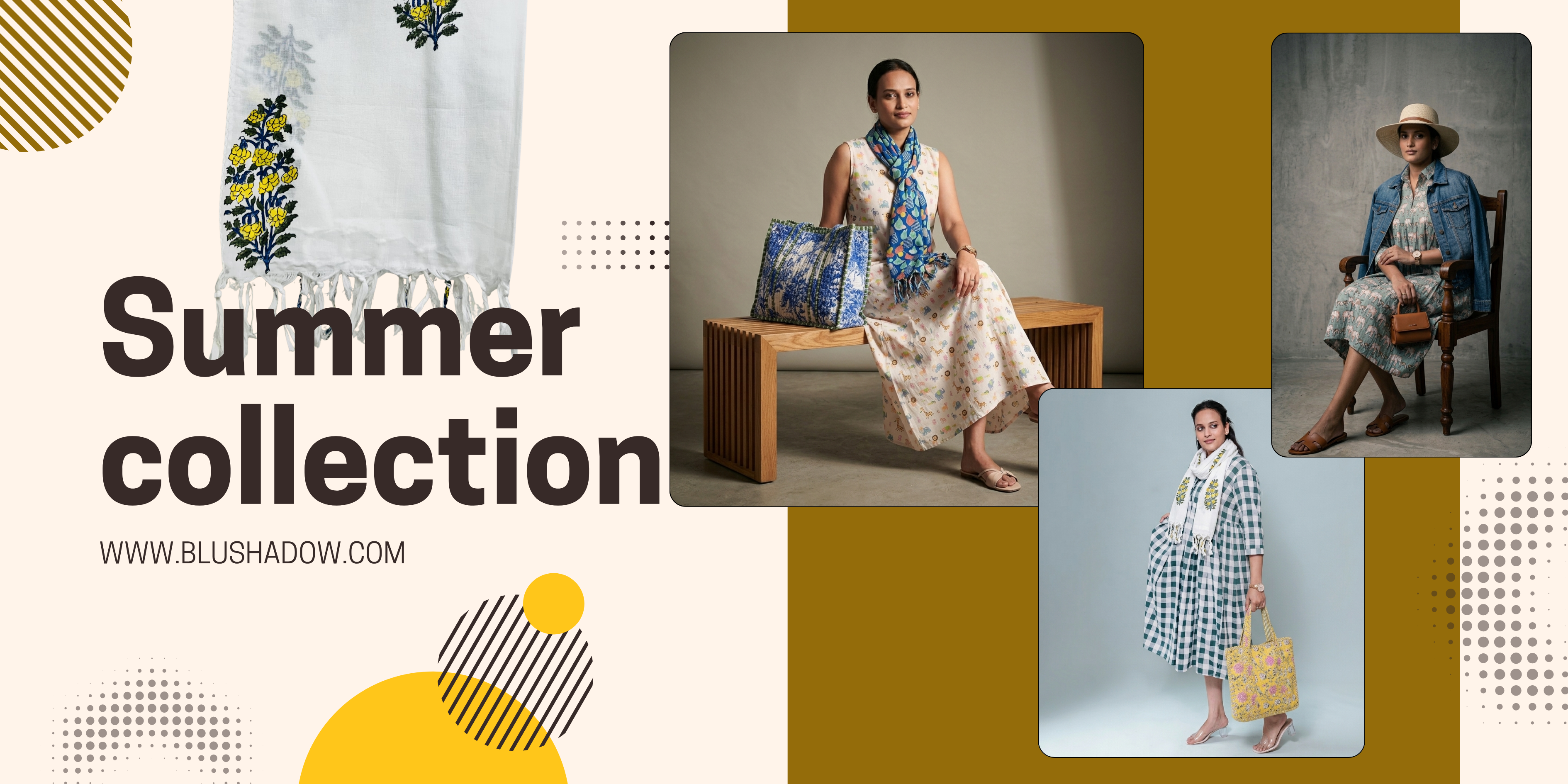 Collage of people wearing summer clothing with promotional text for a 'Summer collection' by Blushadow.