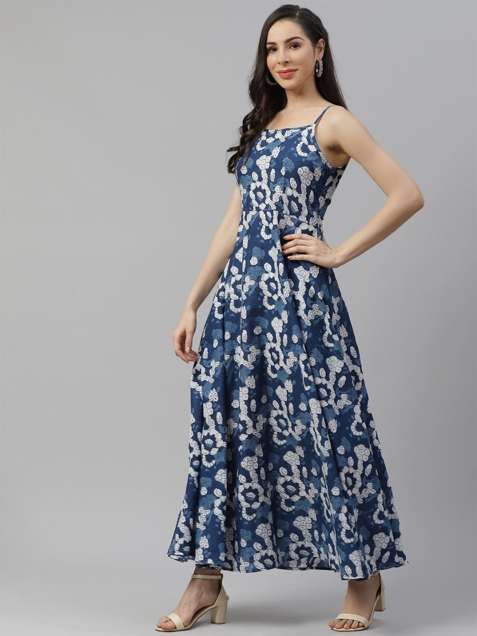 Long Cotton Dress with Indigo Print