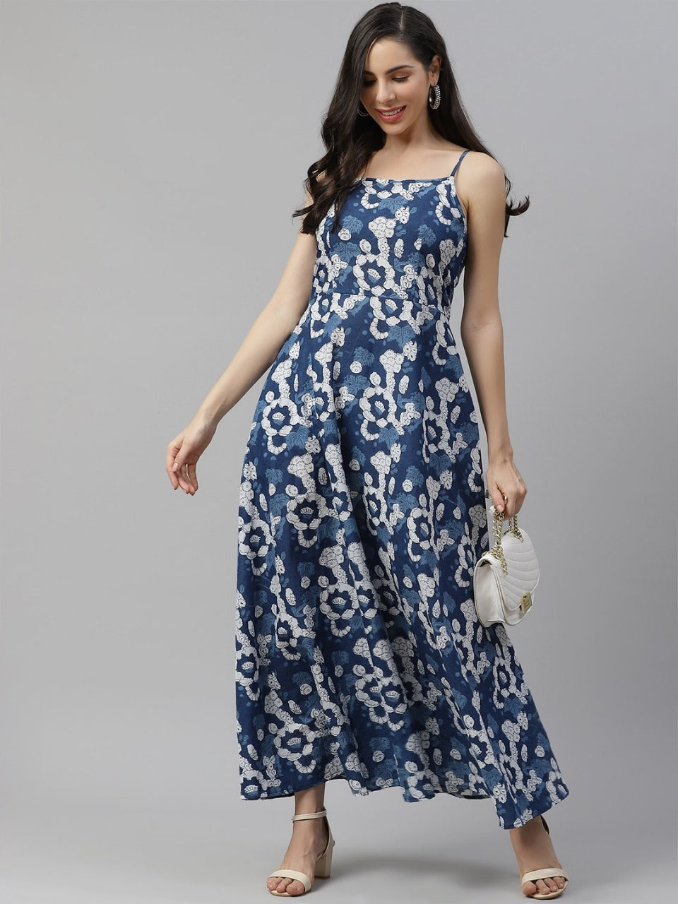 Long Cotton Dress with Indigo Print