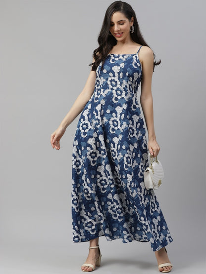 Long Cotton Dress with Indigo Print