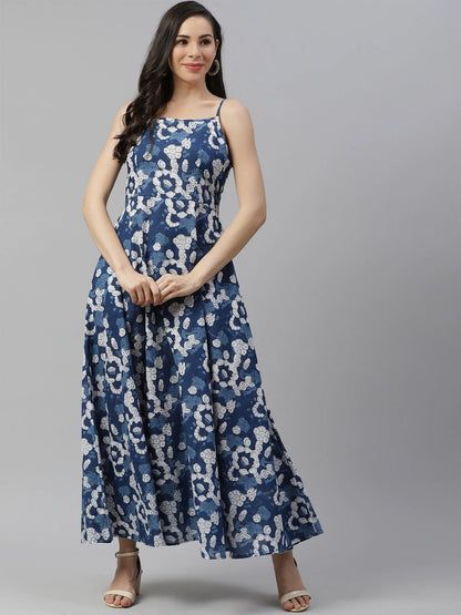 Long Cotton Dress with Indigo Print