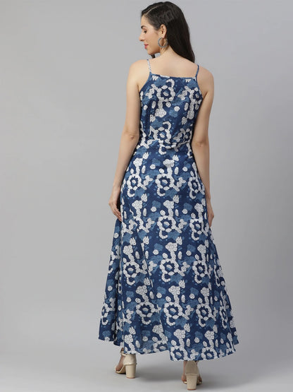 Long Cotton Dress with Indigo Print