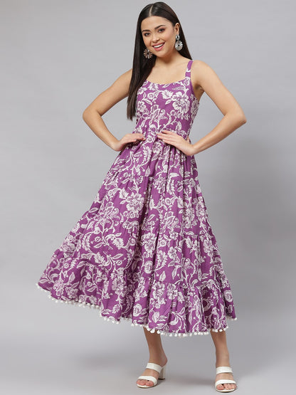Long Dress with Purple Floral Print and Shoulder Straps