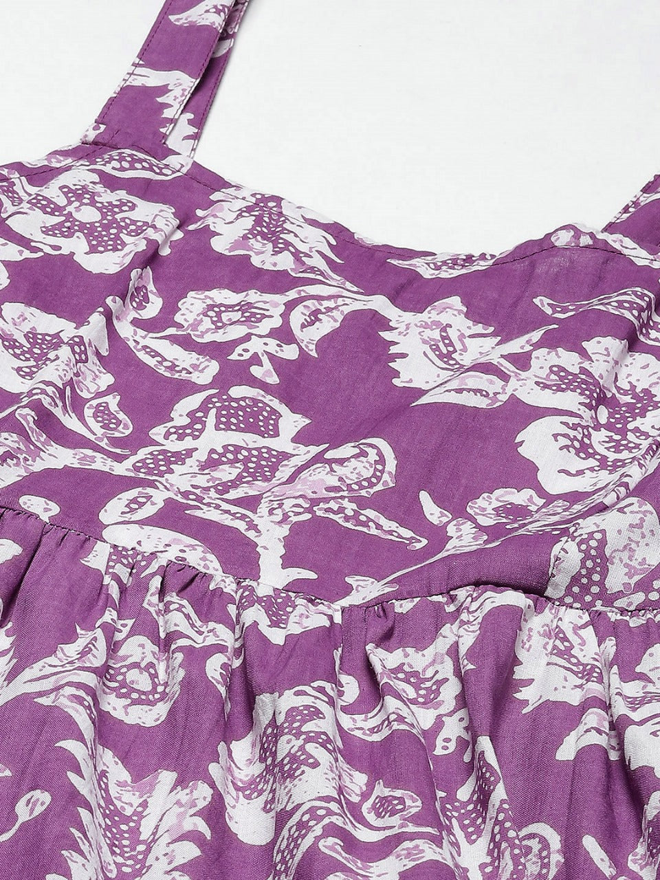 Long Dress with Purple Floral Print and Shoulder Straps