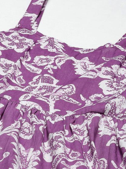 Long Dress with Purple Floral Print and Shoulder Straps