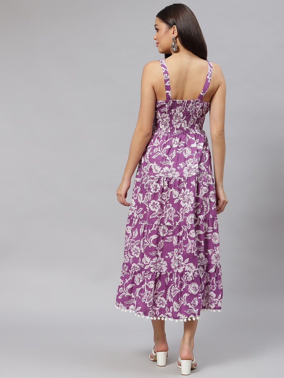 Long Dress with Purple Floral Print and Shoulder Straps