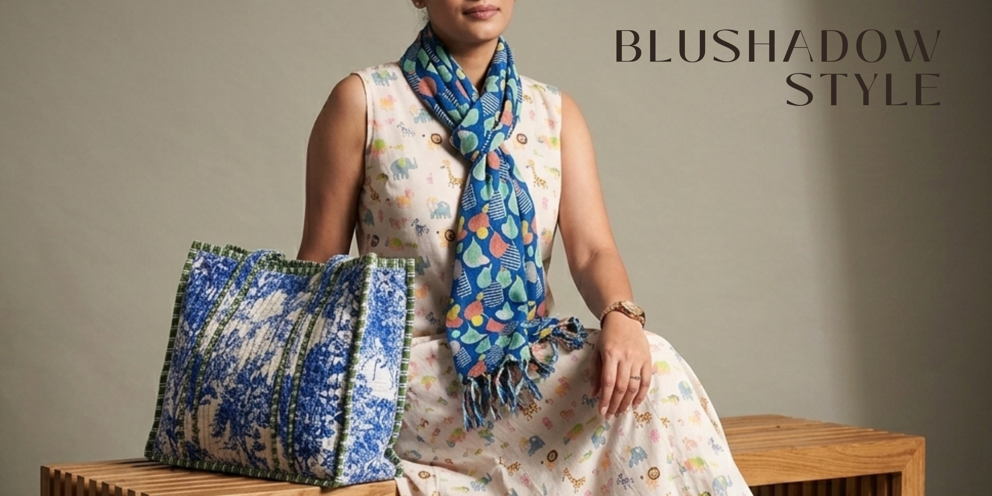 Woman wearing a floral dress and scarf, holding a matching handbag with 'Blushadow Style' branding.